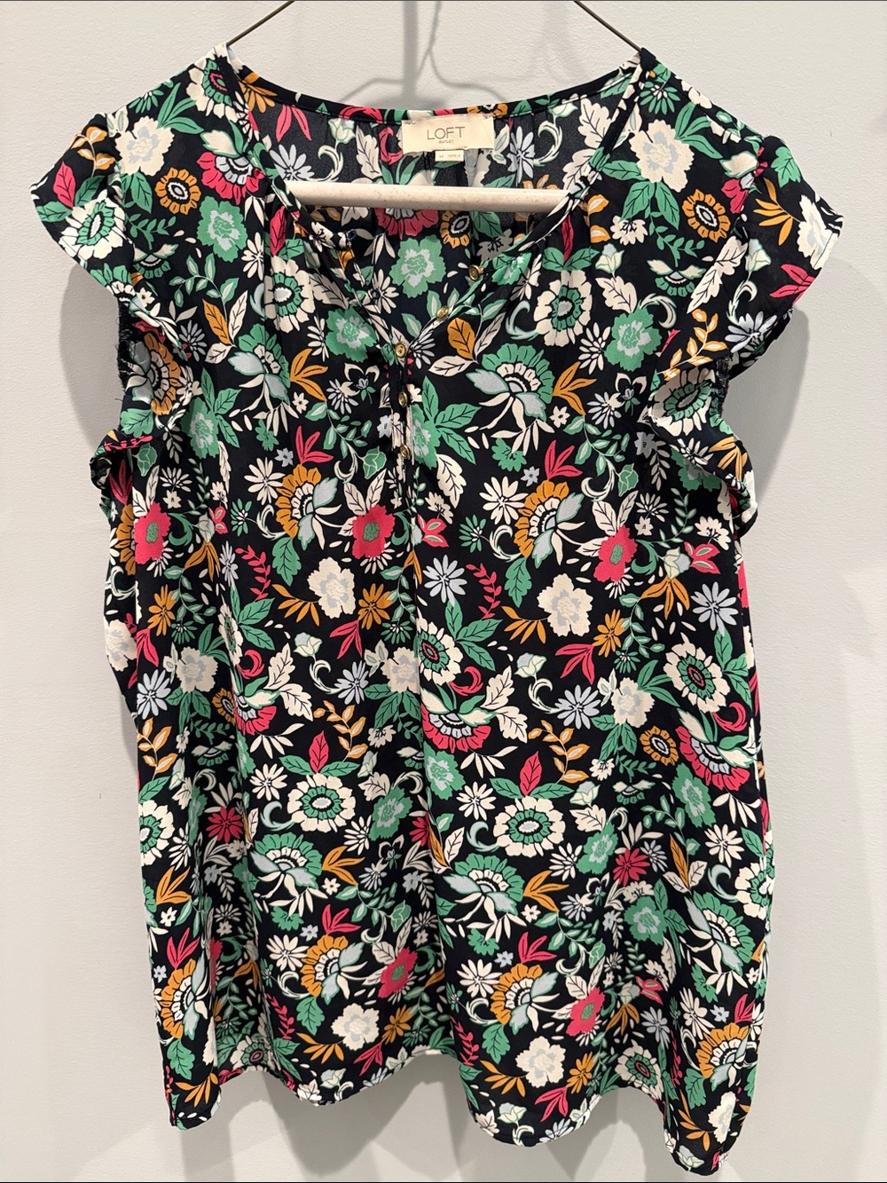 LOFT Outlet Navy Ruffle Sleeve Blouse with Multi-Color Floral Print